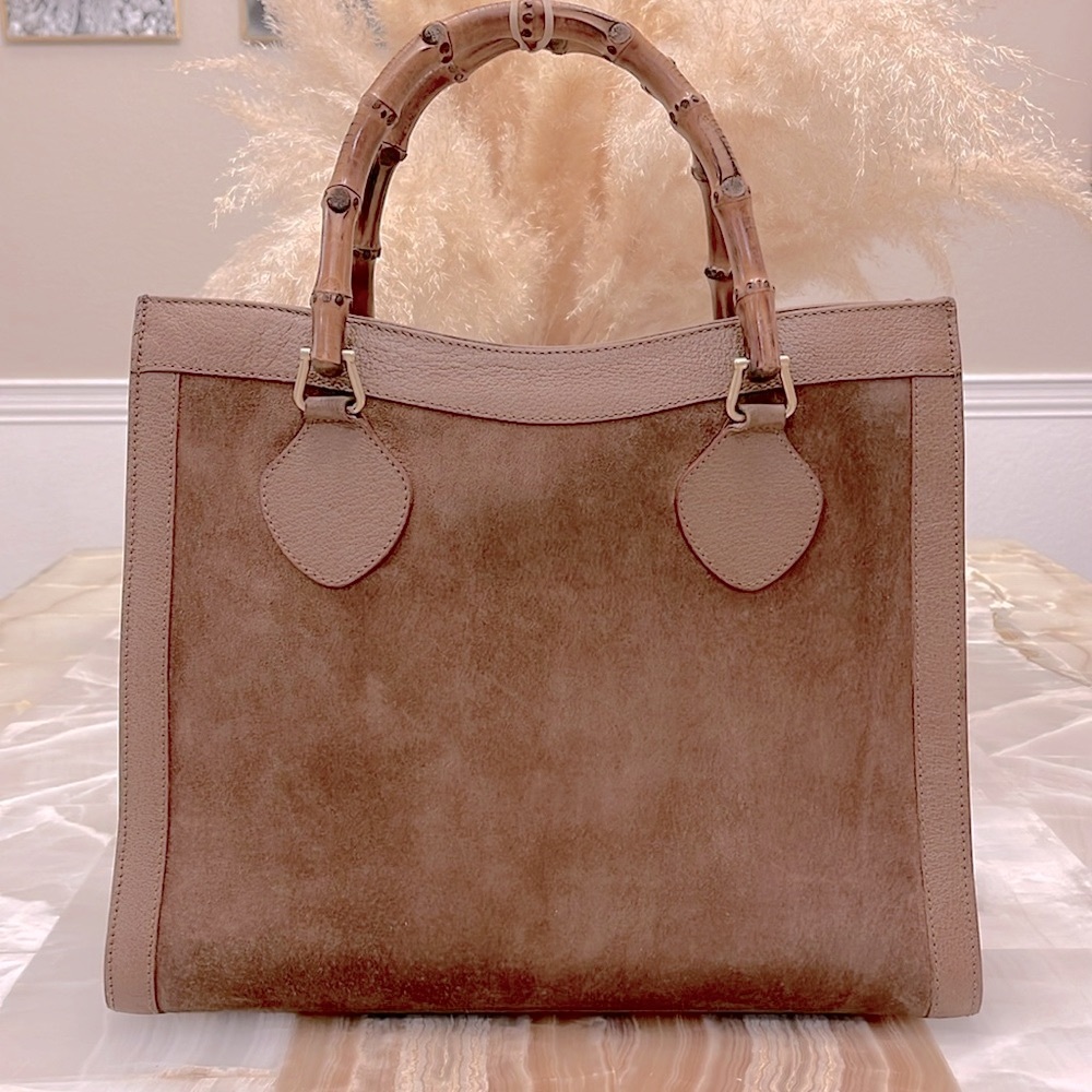Authentic Vintage Gucci Diana Medium Tote in Fawn Suede, Leather, Bamboo Handles